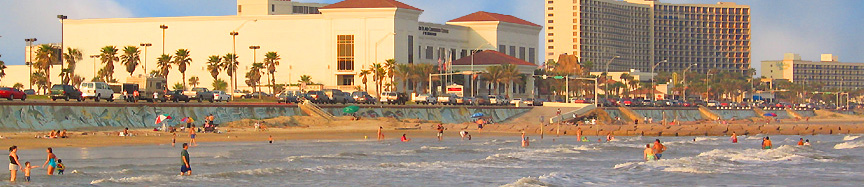 The beach, seawall and Galveston Island Convention Center at San Luis Resort.